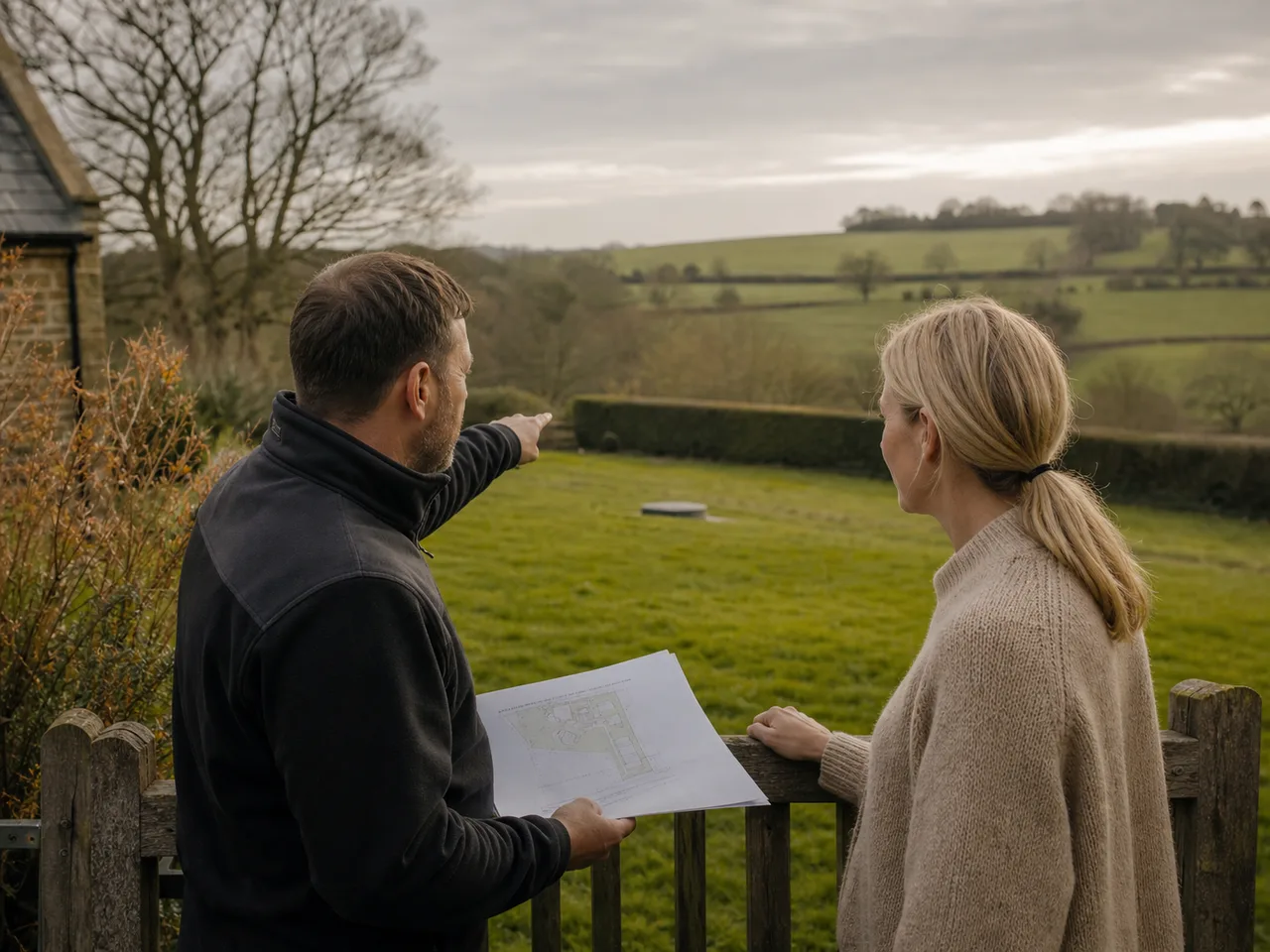 Drainage specialist and homeowner reviewing an off-mains drainage plan beside a rural property
